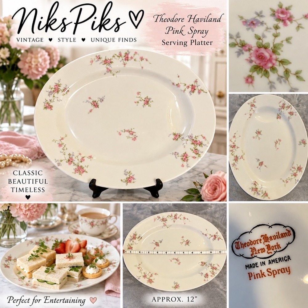 Vintage Theodore Haviland Pink Spray 12" Oval Serving Platter USA Floral